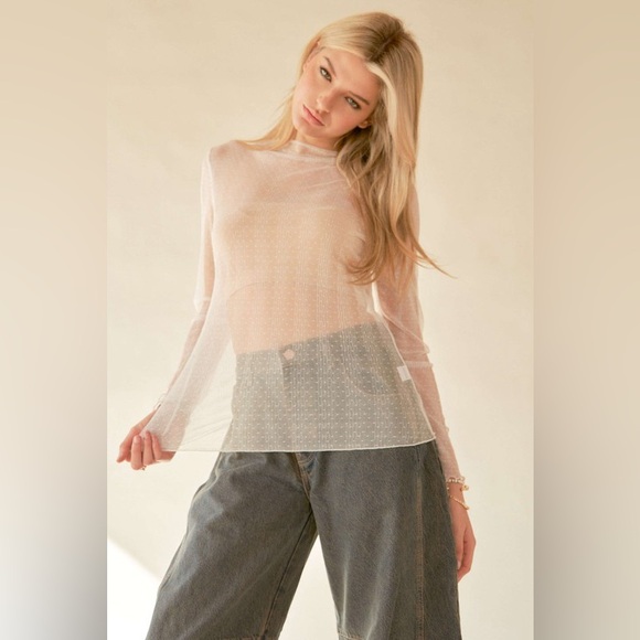 🟠 178B. Mesh Dotted Lace Stretch Sheer Top - White - Picture 6 of 9